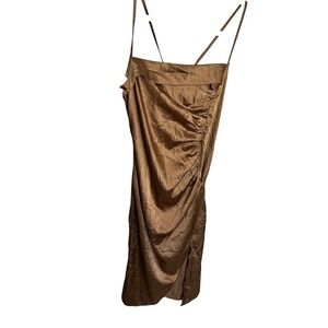 Satin Slip Dress‎ Ruched Bodycon Cocktail Party Dress Brown